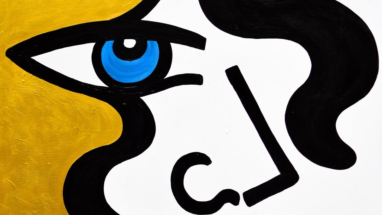 Abstract artwork with a stylized face featuring a blue eye, red lips, and black hair on a white background.